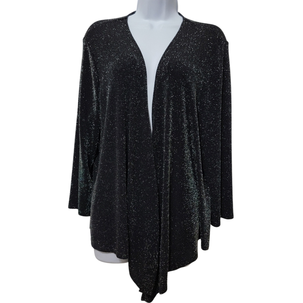 Chico's | Silver Sparkle Open Waterfall Front Cardigan Black Glitter Size 3